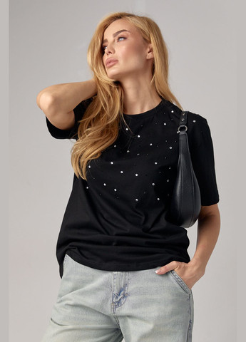 Чорна літня жіноча футболка з кольоровими термостразами Lurex