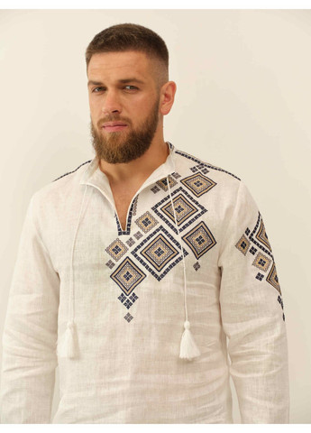 Біла біла лляна чоловіча вишиванка з орнаментом на спині ярема синя MOTYV візерунок орнамент льон (361893846)