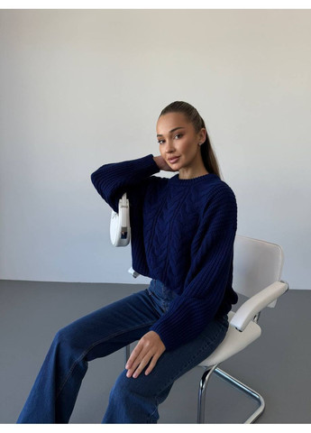 Синій демісезонний жіночий в'язаний светр оверсайз з візерунком MonCher