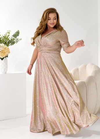 Золотистий святковий, карнавальний, коктейльна, вечірня вечірня сукня максі з глітером блискуча ампір святкова дзвін, кльош, в стилі армпір No Brand однотонна