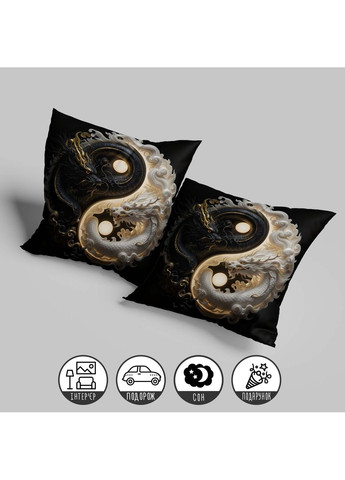 Подушка декоративная с драконами Инь-Ян, черно-белый дизайн, восточный стиль 35 х 35 см 13301 WONKEY (365297640)