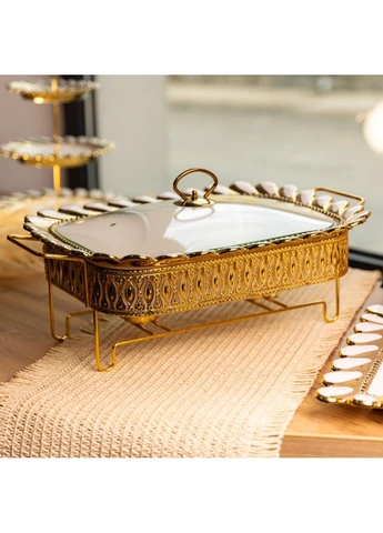 Мармитница фарфоровая Tiffany 2 л квадратная со стеклянной крышкой на металлической подставке с подогревом Yiwu (386473519)