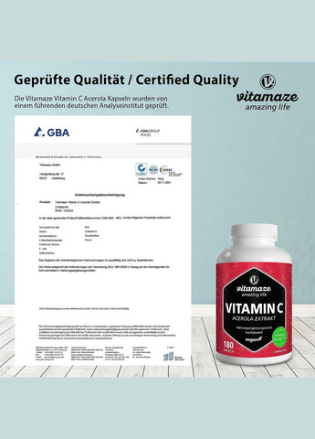 Вітамін С 160 мг 180 капсул Vitamaze (299717662)