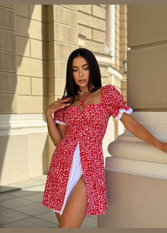 Красное повседневный женское платье мини с разрезом в цветочный принт а-силуэт Україна с цветочным принтом