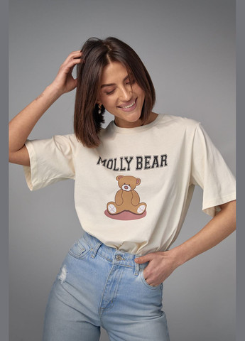 Бежевая летняя хлопковая футболка с принтом медвежонка - бежевый Lurex