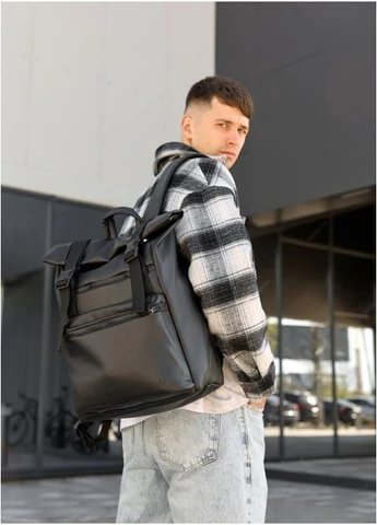 Рюкзак чоловічий з екошкіри RollTop 0SHnm Чорний Sambag (301871997)