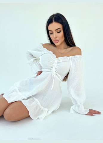 Білий літня легка муслінова сукня з довгим рукавом і відкритим декольте, коротка однотонна біла сукня на літо (100% бавовна) No Brand