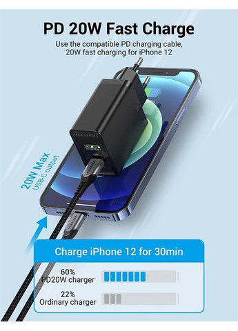 Сетевое зарядное устройство для USB Type C + QC4.0 (18-20W) Black (FBBB0-EU) Vention (370617074)