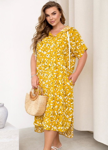 Желтое повседневный, кэжуал платье свободного фасона летнее с капюшоном оверсайз оверсайз, а-силуэт, платье-худи No Brand с цветочным принтом