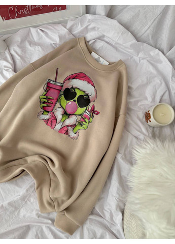 Бежевий жіночий світшот оверсайз на флісі з новорічним принтом MonCher (367088172)