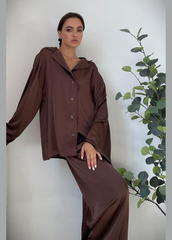Темно-коричневая всесезон пижама шелковая женская объятия chocolat футболка + брюки Without