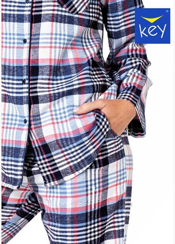 Блакитна зимня жіноча тепла фланелева піжама сорочка + брюки Key