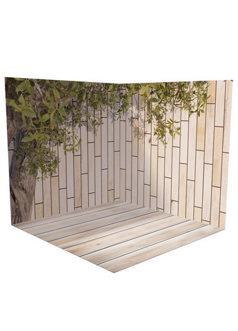 Виниловый фотофон 3D угловой, кирпичная стена с зеленью, пол светлое дерево и искусственная трава, 50×50 см, №58360 PhotoVinyl (354360579)