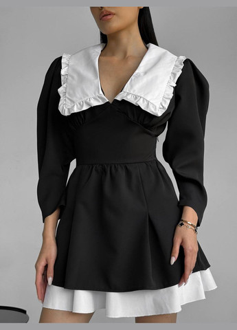 Черно-белое короткое чёрное платье с белыми вставками из качественной костюмки+коттон, платье с открытым декольте и длинным рукавом No Brand
