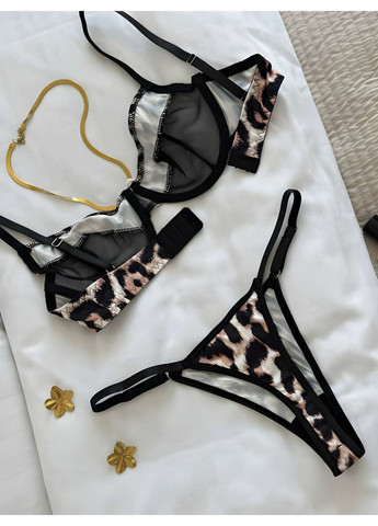 Бежевий демісезонний жіночий відвертий еротичний комплект білизни леопардовий No Brand