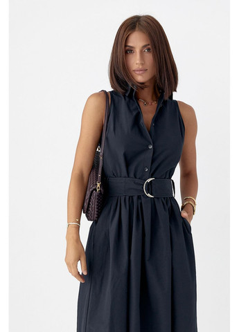 Черное повседневный хлопковое платье с воротничком Lurex однотонное