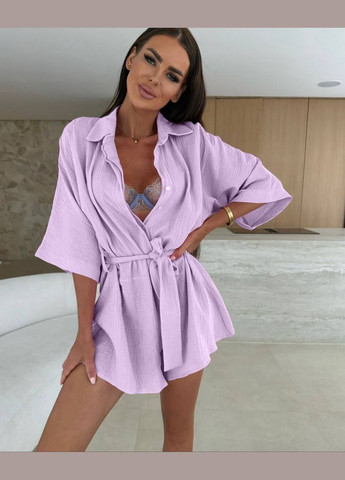 Муслиновый сиреневого цвета комбинезон идеальный для летних прогулок No Brand 052-3 однотонный сиреневый