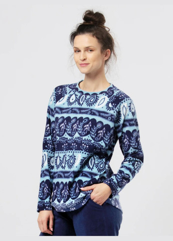 Синяя зимняя женская теплая флисовая пижама кофта + брюки Key