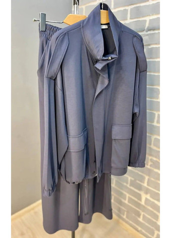 Костюм женский 99231 ткань бифлекс кардиган на молнии наложеные карманы и брюки палаццо графит Crep (314822893)