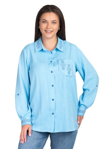 Голубая женская рубашка с вышивкой орнамент (голубой) Golfstream свободная полиэстер, лен, эластан (349462115)