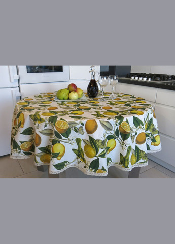 Скатерть на круглый стол водоотталкивающая хлопковая с тефлоновым покрытием "Лимоны и Бабочки" с кружевом 140 Maystat (305390433)
