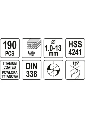 Свердла по металу титанові : HSS-TiN Ø= 1-13 мм. компл. 190 шт [5/90] YATO (392751529)