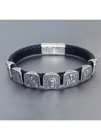 Браслет православный с ликами святых из серебра и кожи No Brand (365280587)