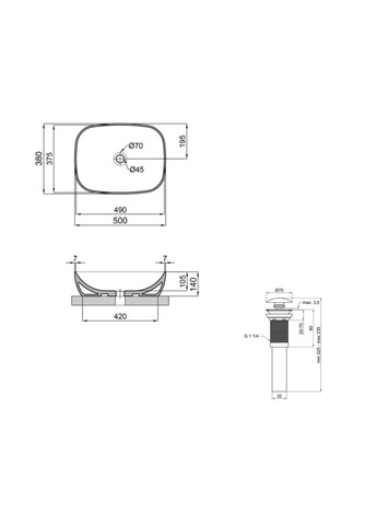 Комплект Cardinal: Раковина накладная 500×380×140 мм, White, овальная + Донный клапан Pop-up PU02 Qtap QT04116302W48464 (346492566)