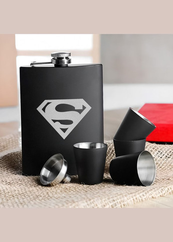 Набор черная фляга с рюмками "Superman", деревянная подарочная коробка с гравировкой. BeriDari (293510199)
