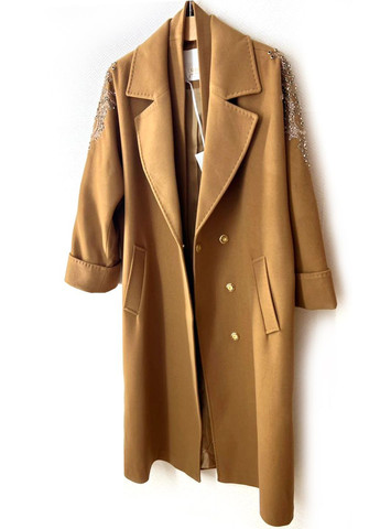 Рыжее демисезонное Женское пальто длинное со стразами Dishe. Fashion