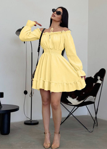 Жовтий повсякденний мінісукня з оборками та рукавами-ліхтариками кльош Україна однотонна
