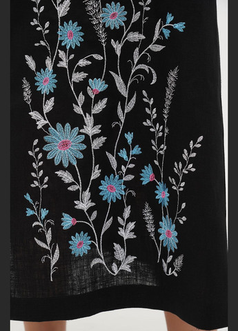 Черное льняное длинное вышитое платье с карманами нея, цветочная вышивка. зеленый, р.54, код 0415/54/1642 ГАЛЕРЕЯ ЛЬОНУ