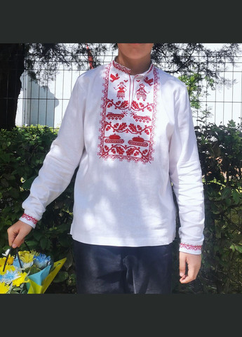 Біла вишиванки для хлопчика біла з натурального льону — традиційні орнаменти, машинна якісна вишивка візерунок орнамент льон (322423957)