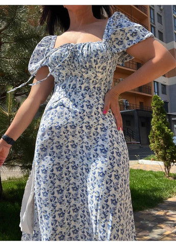 Голубое кэжуал платье женское летнее a-n 2669 цветочный принт разрез шнурок на груди длинное No Brand с цветочным принтом