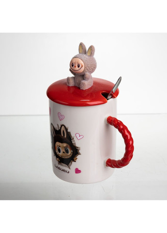 Чашка фарфоровая Labubu 300 мл с крышкой и ложкой, красный Yiwu FM-35D No Brand (368641393)