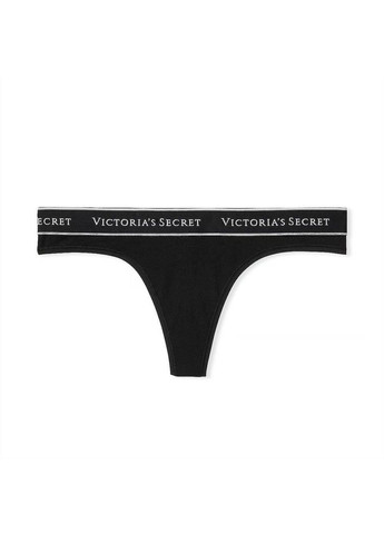 Трусики-стрінги жіночі бавовняні з лого Logo Cotton Thong Panty чорні Victoria's Secret (361154969)