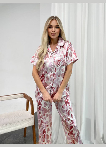 Розовая всесезон женская пижама двойка брюки и рубашка розовая с сердцами рубашка + брюки No Brand піжама