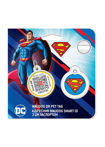 Адресник для собак та котів металічний Smart ID з QR паспортом, малюнок "Супермен-герой", круг, Д 25 мм WAUDOG (363198733)