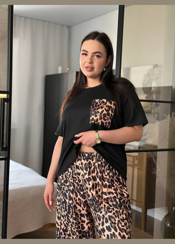 Чорна всесезон піжама жіноча - домашній костюм plus sizе батал футболка + штани No Brand