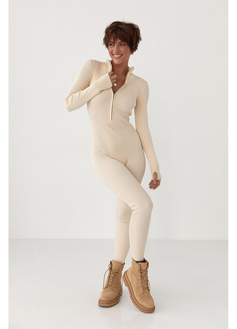 Трикотажный комбинезон в рубчик - кремовый цвет Lurex бежевый повседневный трикотаж