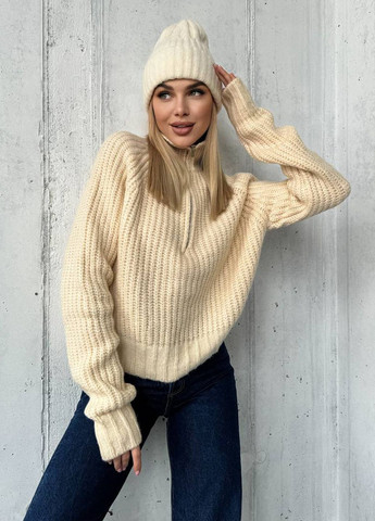 Кремовый зимний свитер теплый укороченный с шерстью Fame