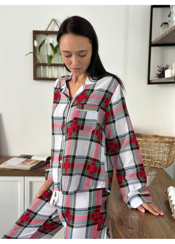 Комбінована жіноча піжама з віскози у клітинку / жіноча піжама віскозна з довгим рукавом / жіноча піжама у клітинку з віскозної тканини No Brand