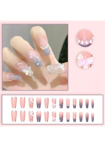 Накладные блестящие ногти с бабочками и градиентом с клеем CZ044 Серебряный 24 шт (A9754) Nails (308864006)