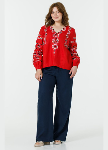 Красная женская вышиванка из льна на пуговицах с орнаментом сияна, большие размеры (plus size). белый, р.46, код 9471/46/101 ГАЛЕРЕЯ ЛЬОНУ