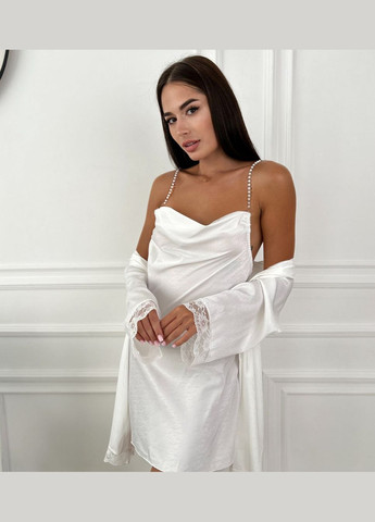 Свадебный Халат с кружевом + рубашка с жемчугом - Белый цвет No Brand (322414741)