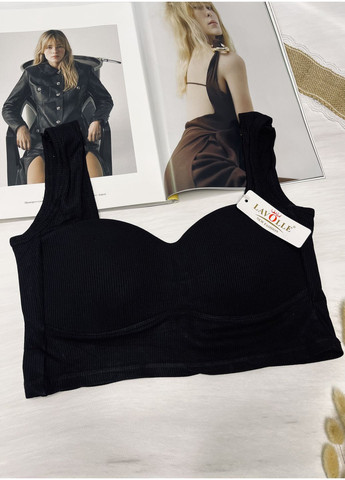 Чорний топ топ в рубчик зі вшитим поролоном Lavolle без кісточок спандекс, віскоза