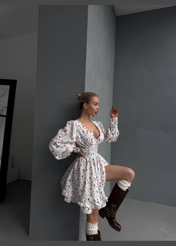 Белое повседневный платье женское с юбкой-солнце Україна с цветочным принтом