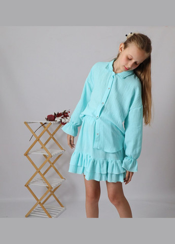 Бирюзовый летний детский муслиновый комплект для девочки ментол блуза+юбка с рюшами mrou юбочный, с рубашкой No Brand