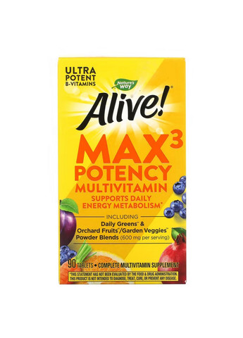 Вітаміни та мінерали Alive! Max3 Potency Multivitamin, 90 таблеток Nature's Way (293421611)