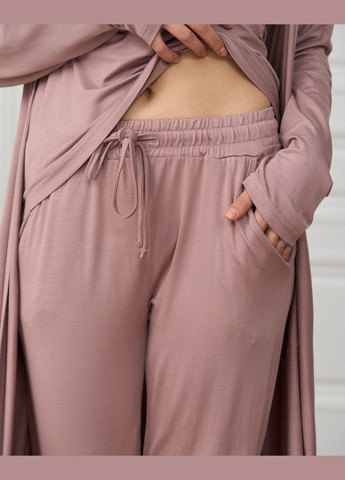 Пудрова комплект-трійка однотонна майка, штани та халат Nicoletta